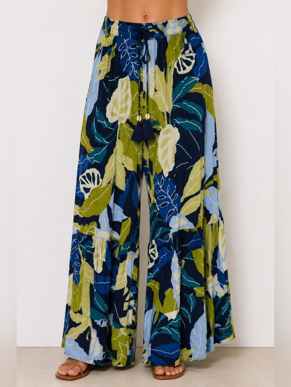 True Destinations Tropical Leaf Wide Leg Pants Blue Green Resort Boho Size L